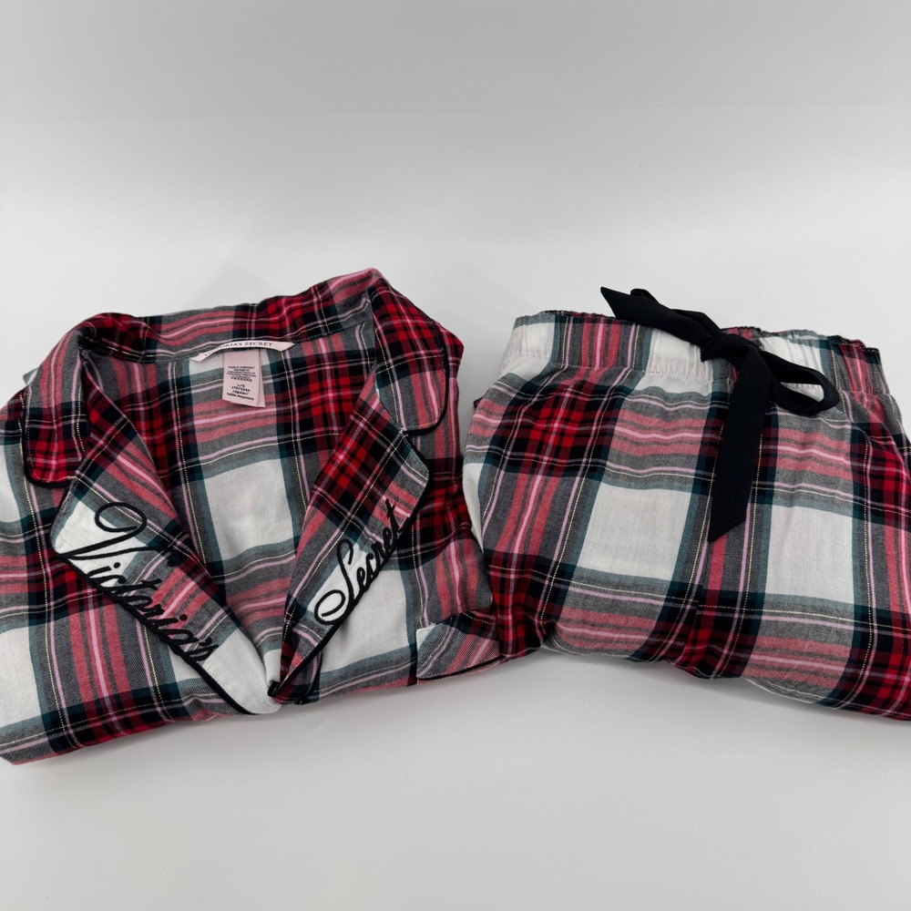 Victoria's Secret Pajama Set Womens L Red Plaid Flannel Metallic Button Down 2pc